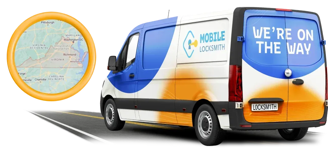 Mobile Locksmith Van In Motion With Maryland Map Inset, Illustrating Quick Local Service Accessibility. Mobile Locksmith Van In Motion With Maryland Map Inset, Illustrating Quick Local Service Accessibility.