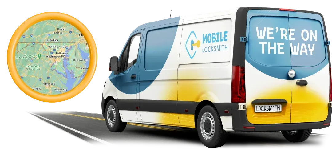 Mobile Locksmith Van In Motion With Maryland Map Inset, Illustrating Quick Local Service Accessibility. Mobile Locksmith Van In Motion With Maryland Map Inset, Illustrating Quick Local Service Accessibility.