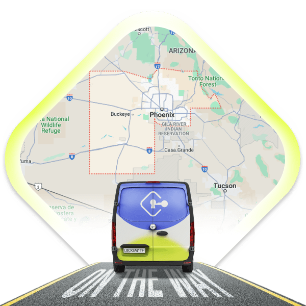 A Local Mobile Locksmith Van Is Driving On A Road With A Map Of Maricopa County, Arizona, In The Background.