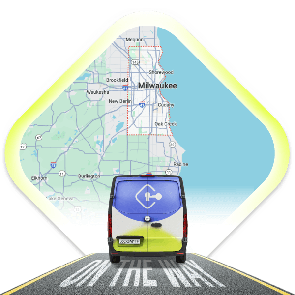 A Local Mobile Locksmith Van Is Driving On A Road With A Map Of Milwaukee County, Wisconsin, In The Background.