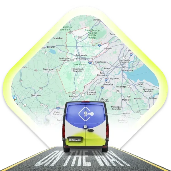 A Local Mobile Locksmith Van Is Driving On A Road With A Map Of Somerset County, New Jersey, In The Background.