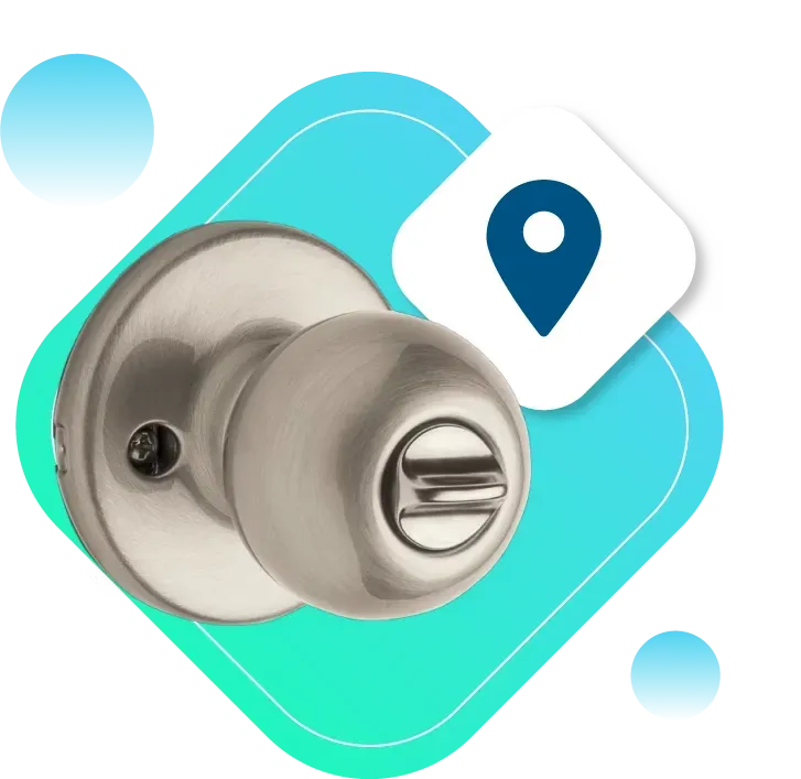 Smart Door Lock With Keypad And Location Icon, Indicating Security And Nearby Locksmith Services. Smart Door Lock With Keypad And Location Icon, Indicating Security And Nearby Locksmith Services.