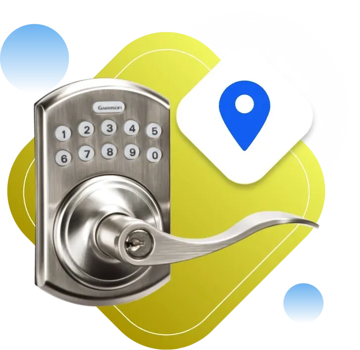 A Modern Stainless Steel Door Handle With Location Pin Icon On Geometric Background.