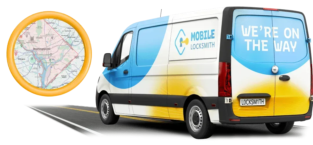 Mobile Locksmith Van On The Move With A Washington, D.C. Map Inset, Indicating Fast Local Service.