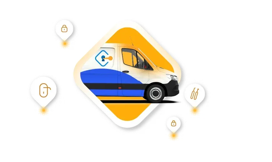 Nationwide Mobile Locksmith Van With Advanced Tools And Security Solutions On A USA Map Background. Nationwide Mobile Locksmith Van With Advanced Tools And Security Solutions On A USA Map Background.