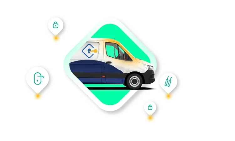 Nationwide Mobile Locksmith Van With Advanced Tools And Security Solutions On A USA Map Background. Nationwide Mobile Locksmith Van With Advanced Tools And Security Solutions On A USA Map Background.