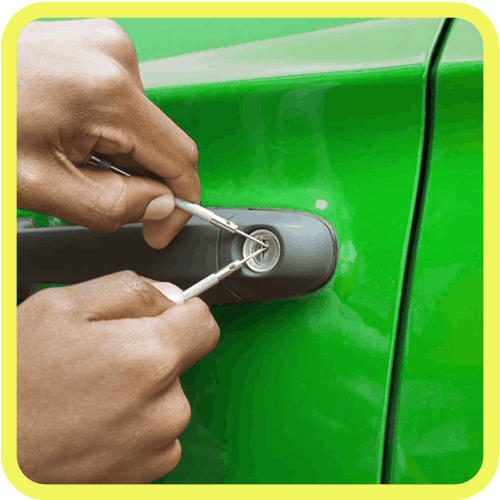 Close-Up Of Skilled Technician Utilizing Tools To Unlock a Green Car Door.