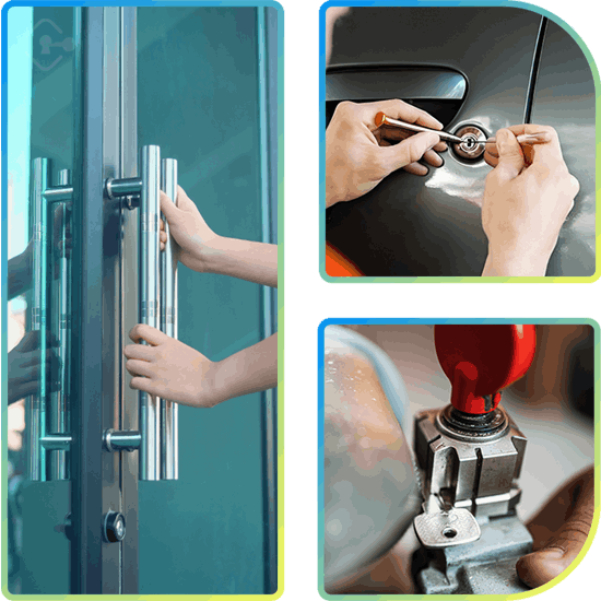 Locksmiths In Action: Business Door Opening, Car Door Unlocking, And Car Key-Making.