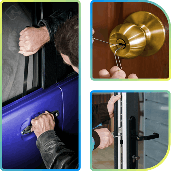 Locksmiths In Action: Car Door Opening, Lock Installation, And Doorknob Unlocking.