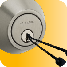 Close-up Of Deadbolt Lock With A Pair Of Picks, Against An Orange Background. Close-up Of Deadbolt Lock With A Pair Of Picks, Against An Orange Background.