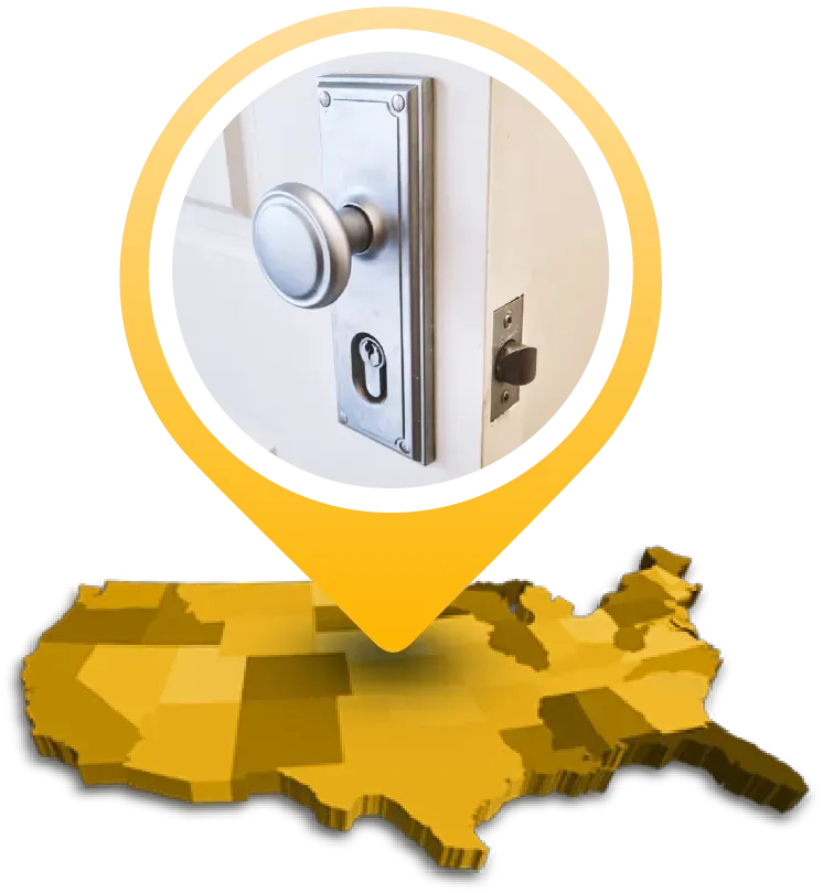 An Orange Pin Icon With A Photo Of A Steel Trilock Knob Is Over A U.S. Map. An Orange Pin Icon With A Photo Of A Steel Trilock Knob Is Over A U.S. Map.