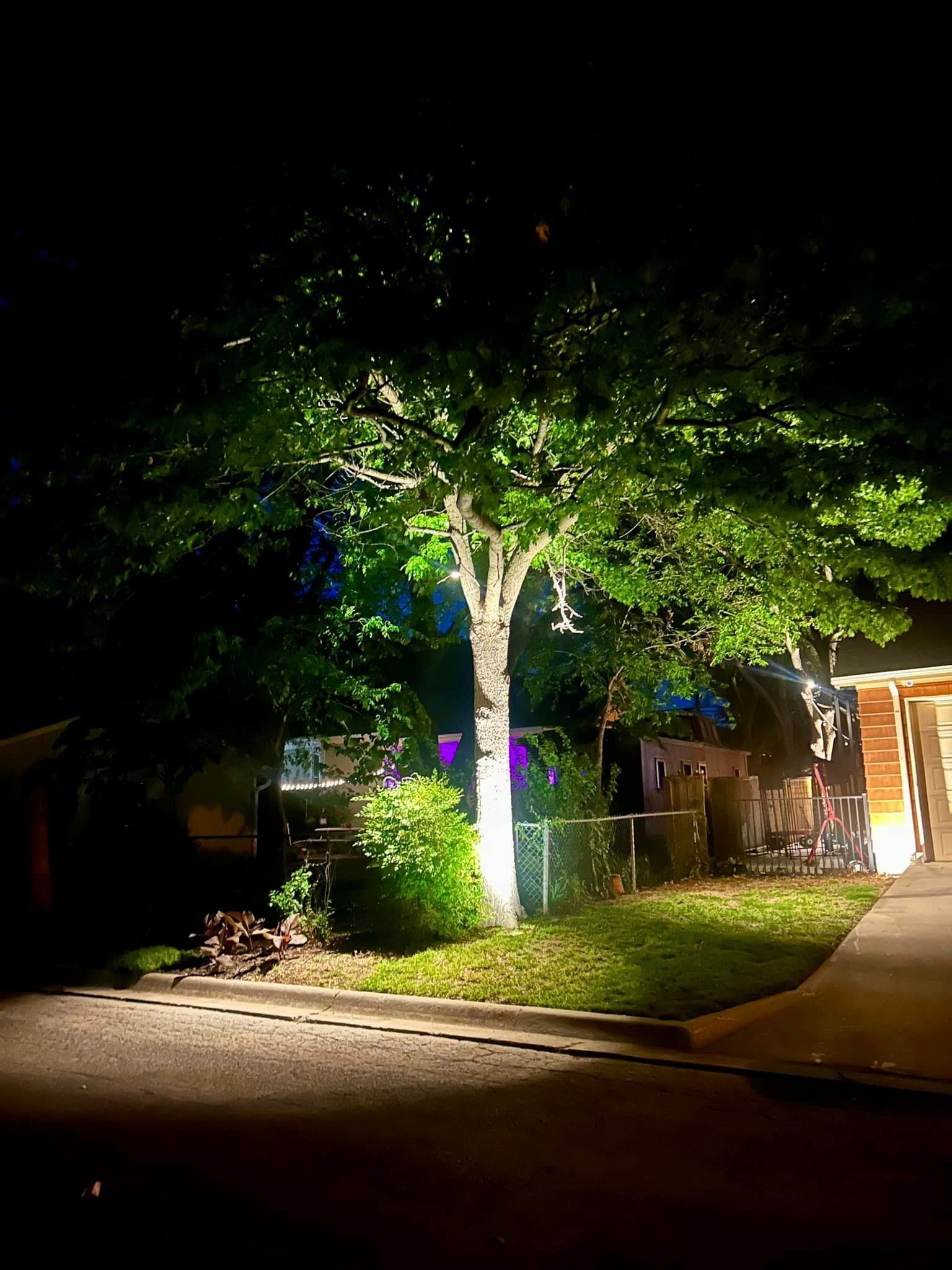 A Tree Is Lit up In Front of A House at Night - Collinsville, TX - L5 Irrigation