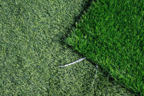 High angle view of unfinished green artificial turf used for covering sport arena or garden - Collinsville, TX - L5 Irrigation