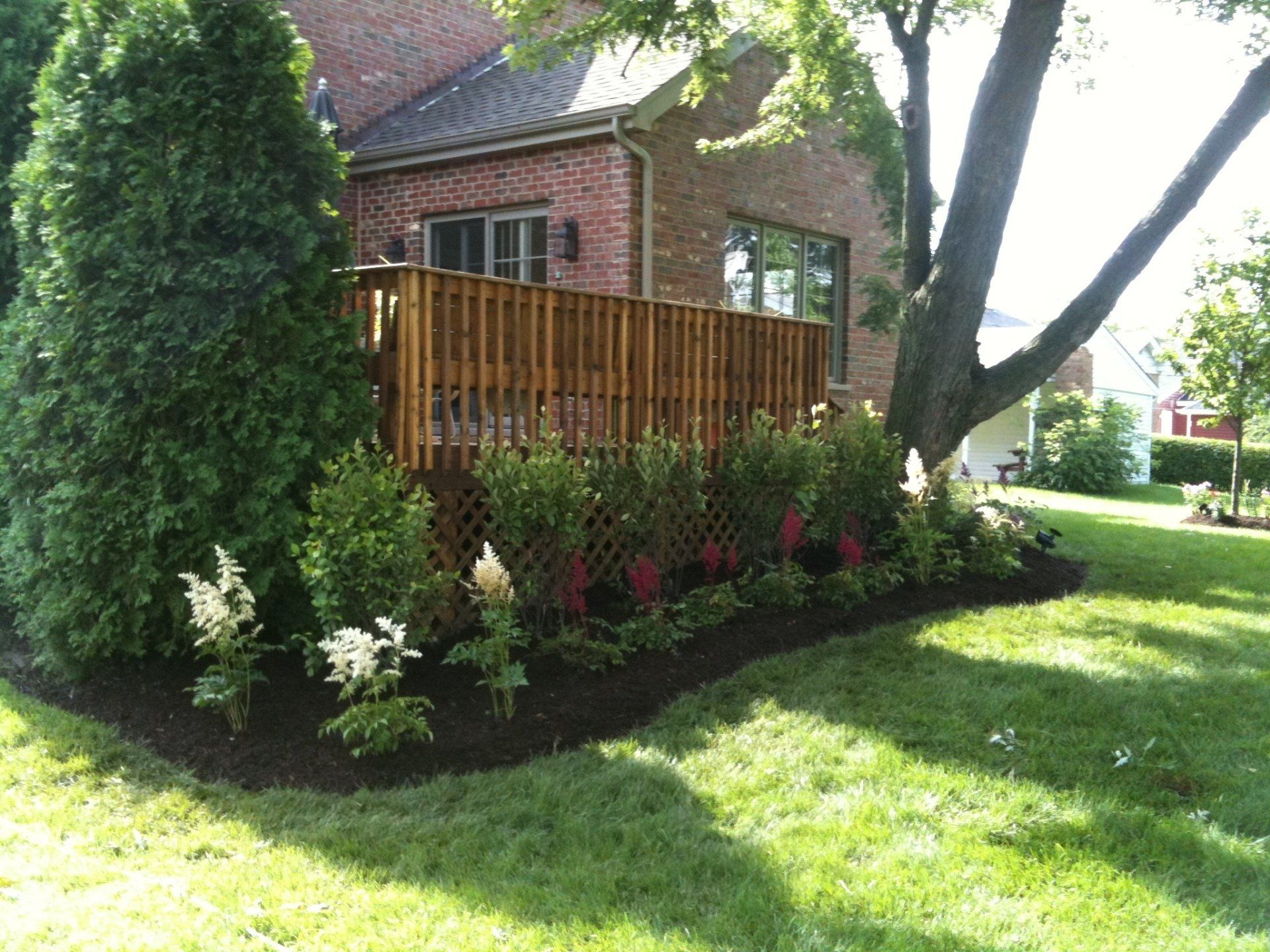 A lush green yard with a wooden deck and a brick house in the background