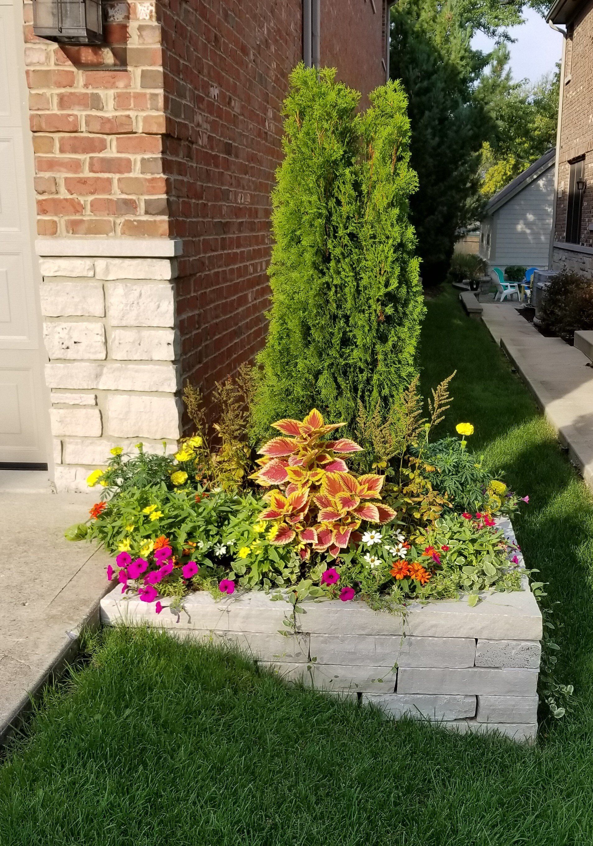 A garden with flowers and trees in front of a brick building.