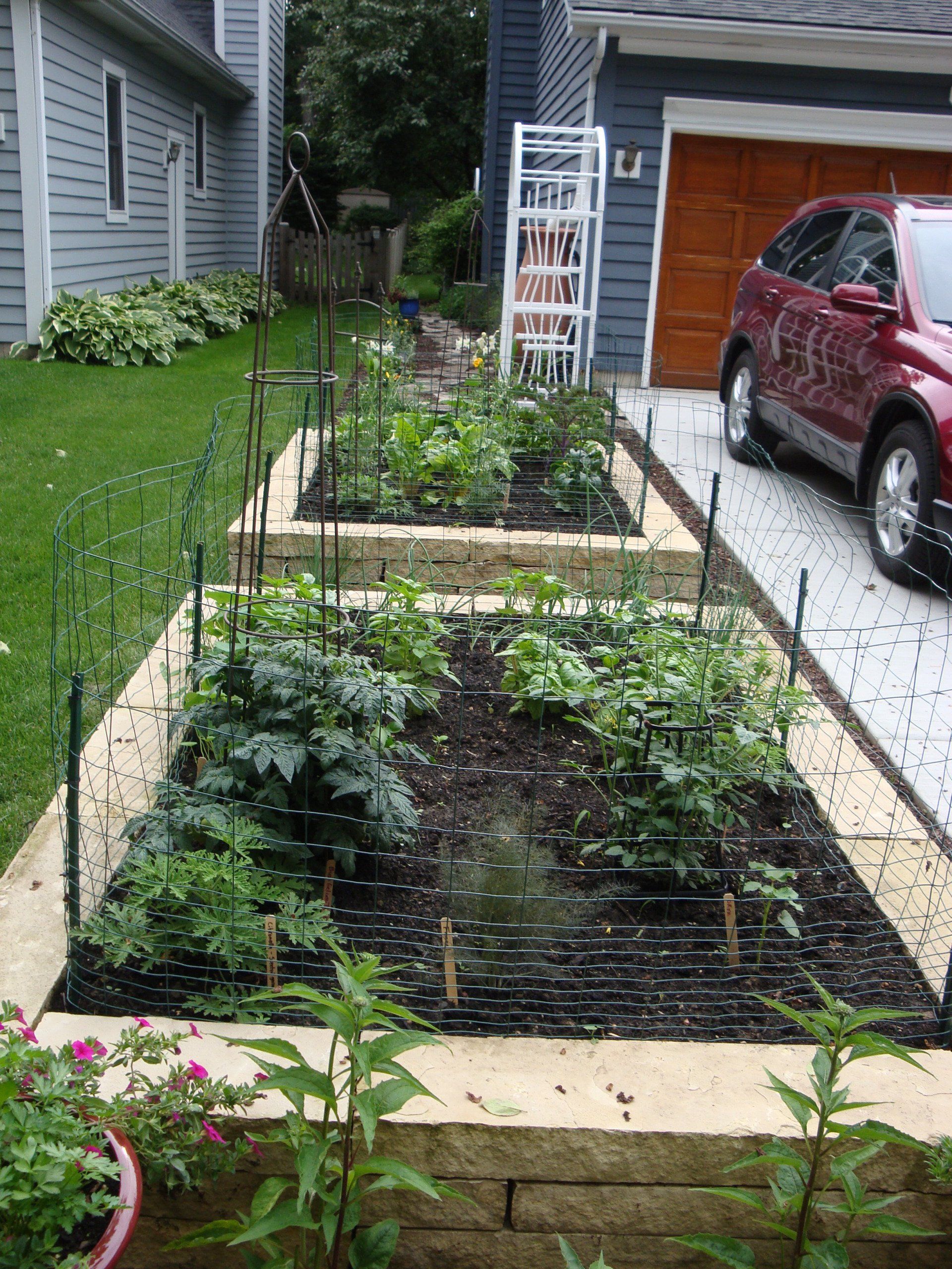 A car is parked in a driveway next to a garden.