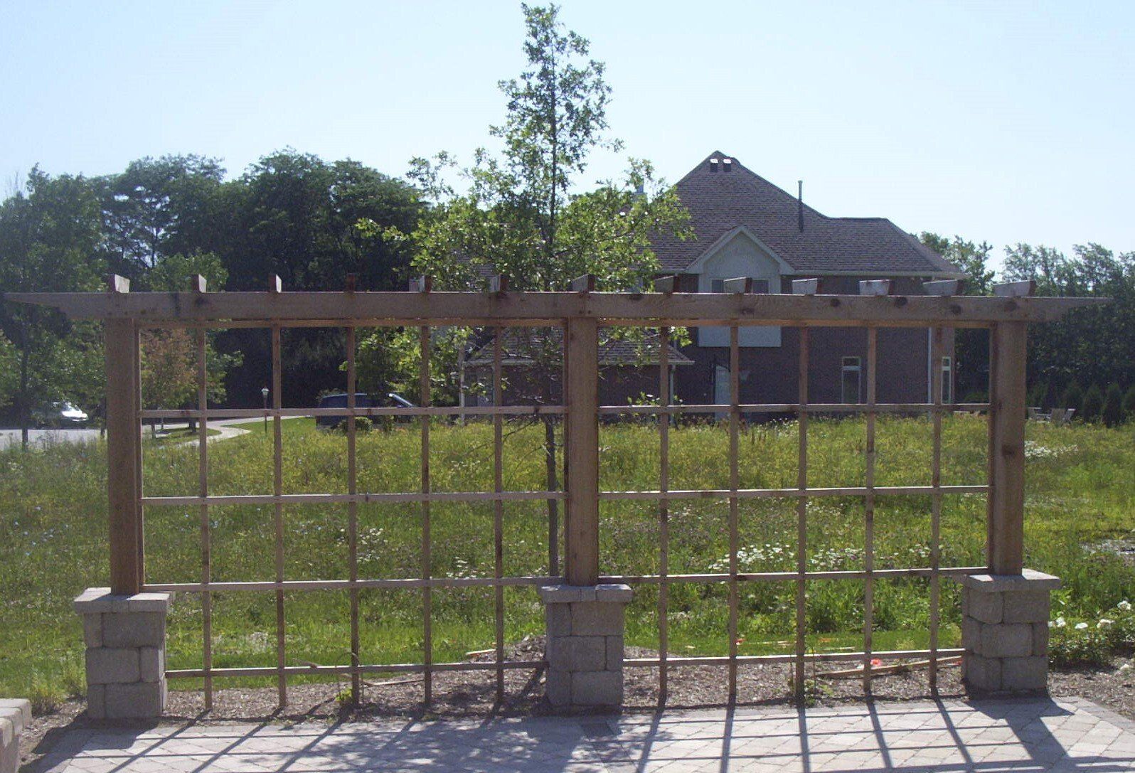 A wooden pergola is in the middle of a grassy field