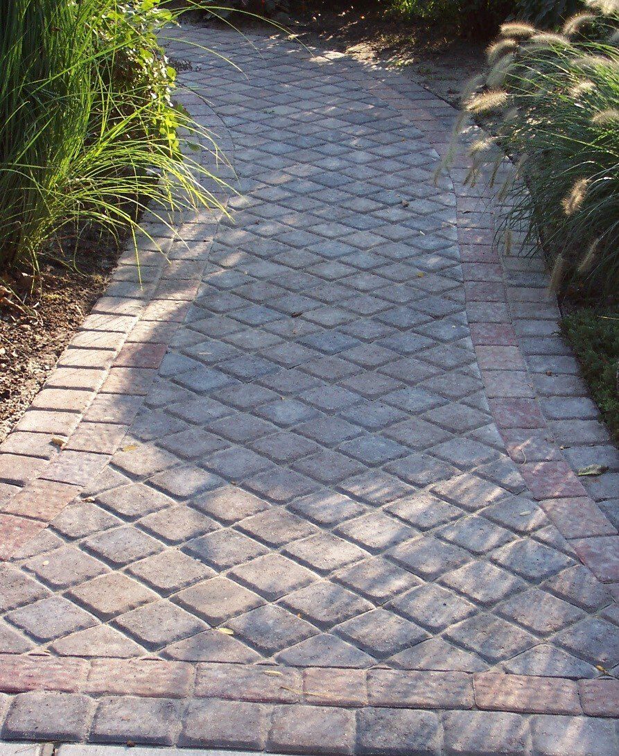 A brick walkway going through a lush green garden