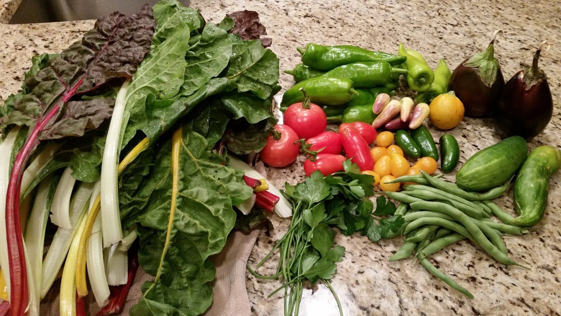 A bunch of vegetables are sitting on a counter.