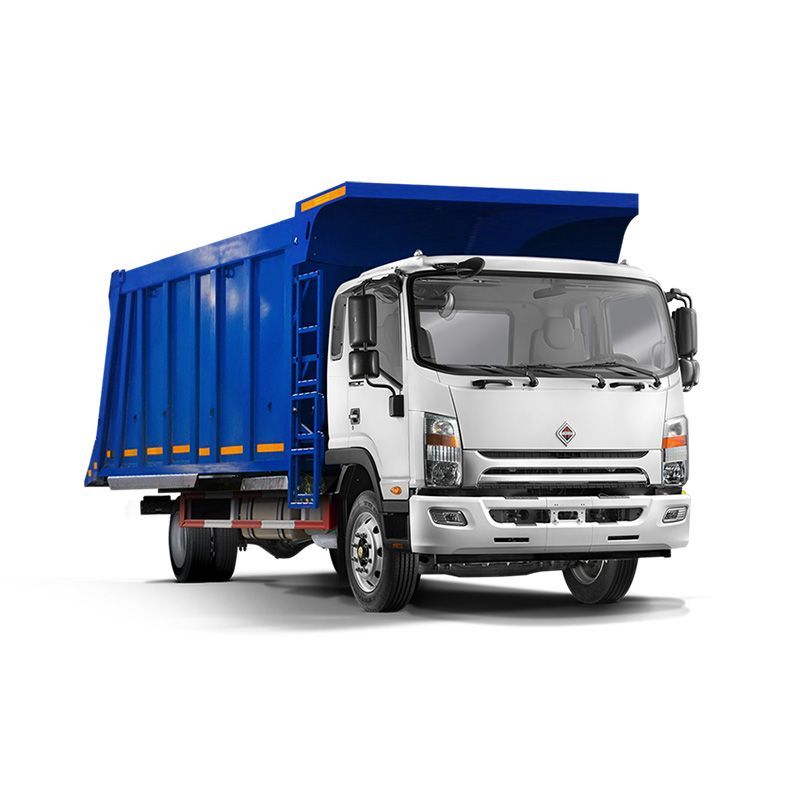 Camión volquete blanco y azul sobre fondo blanco.