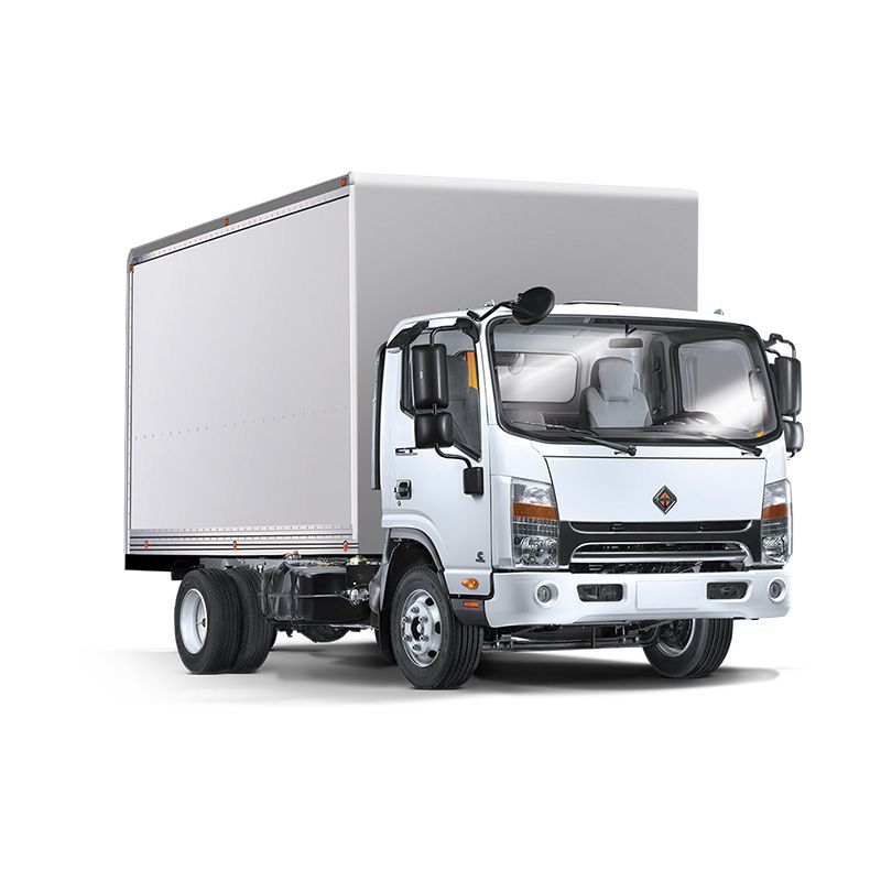 Camión de caja blanca con zona de carga alta.