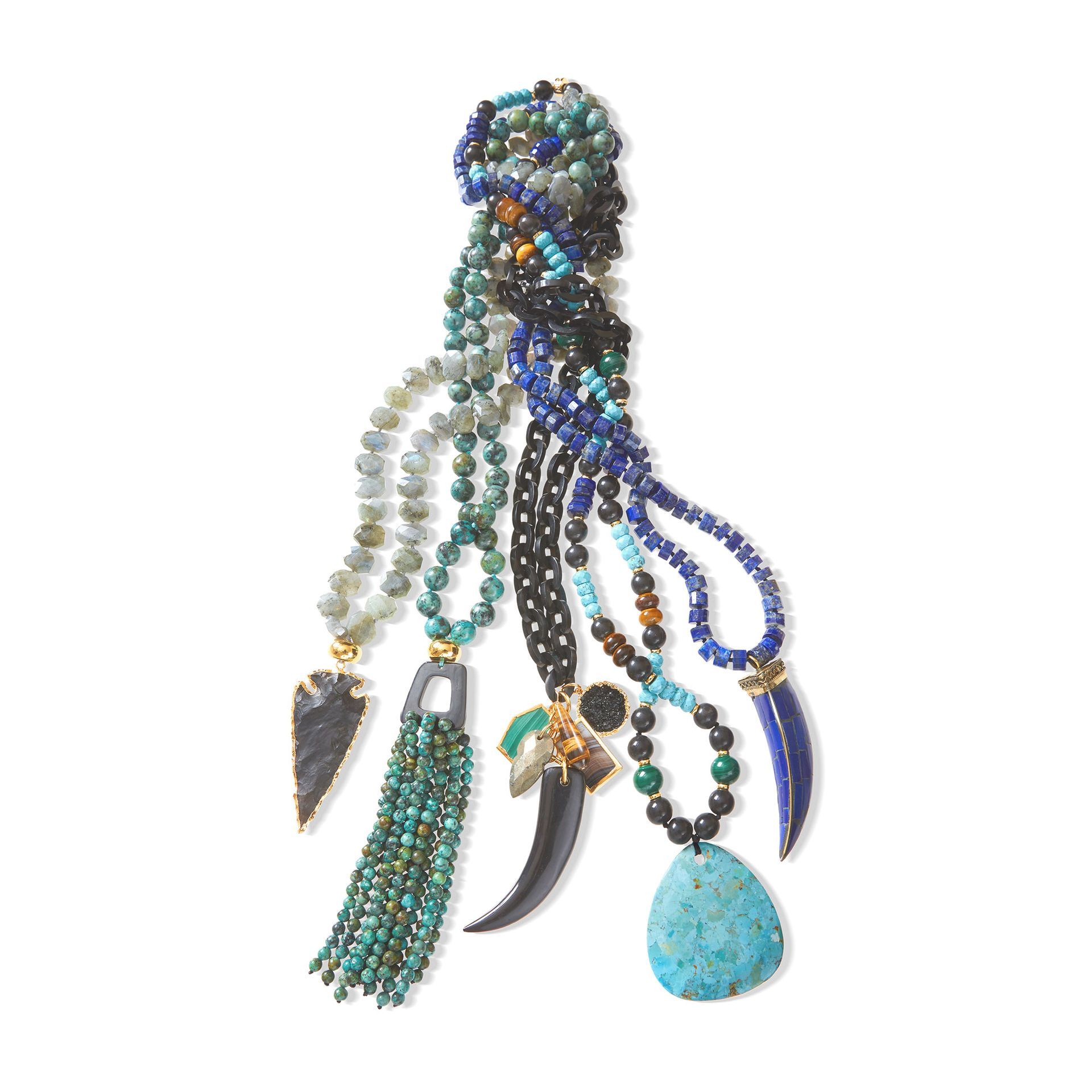 Collection of beaded necklaces with turquoise, lapis, and other gemstones.