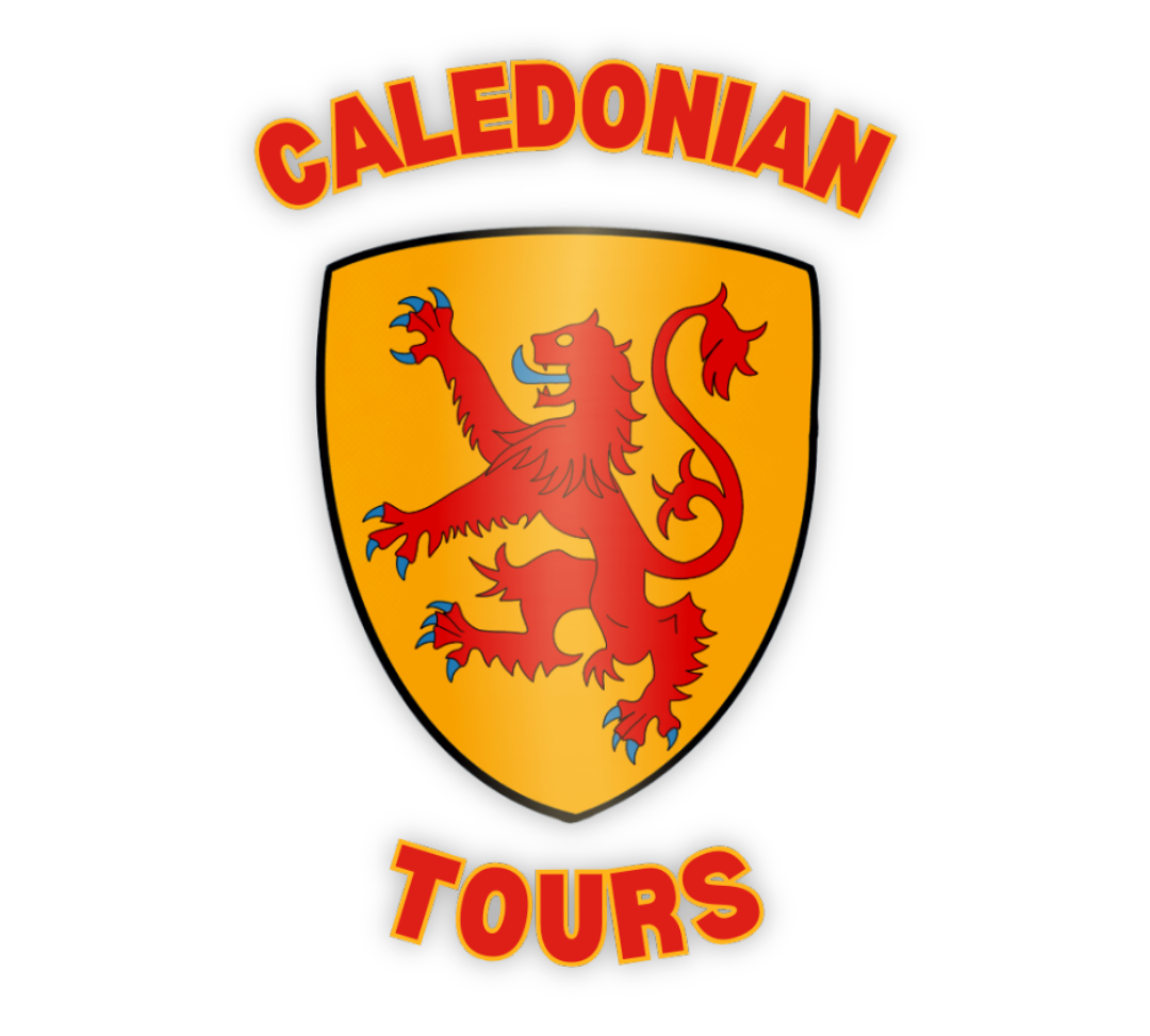 Caledonian Tours Logo - a Red & Blue Lion on a Shield, with Caledonian Tours bordering it.