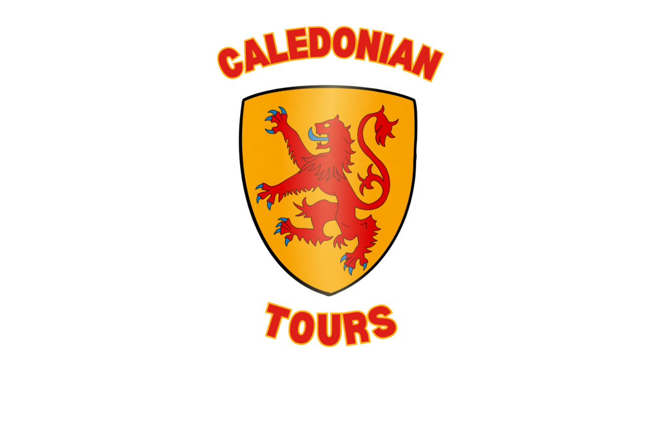 Caledonian Tours Shield Logo Featuring a Red Rampant Lion and With Blue Highlights. 