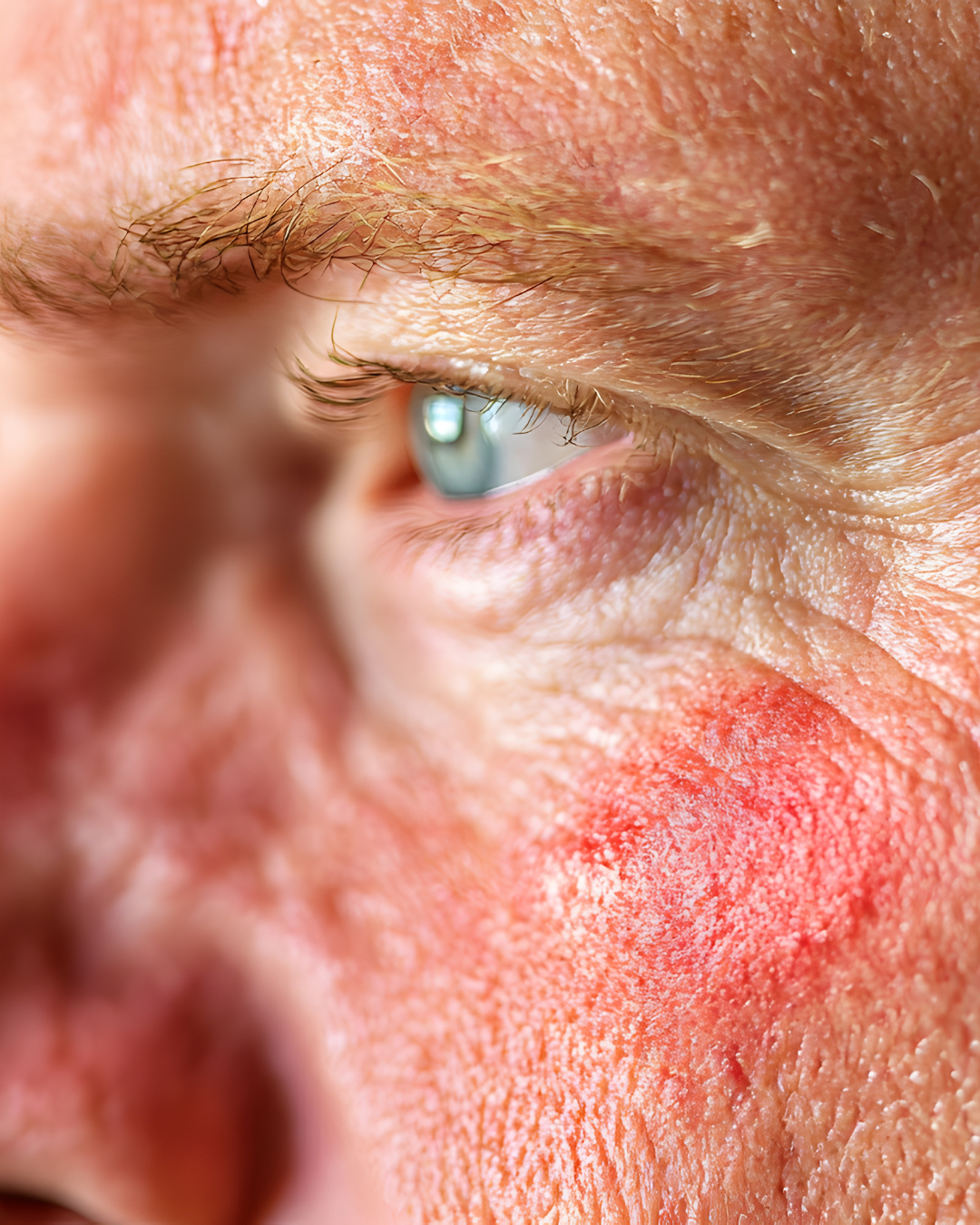 Close-up of a person's eye and cheek; red rash on cheek.