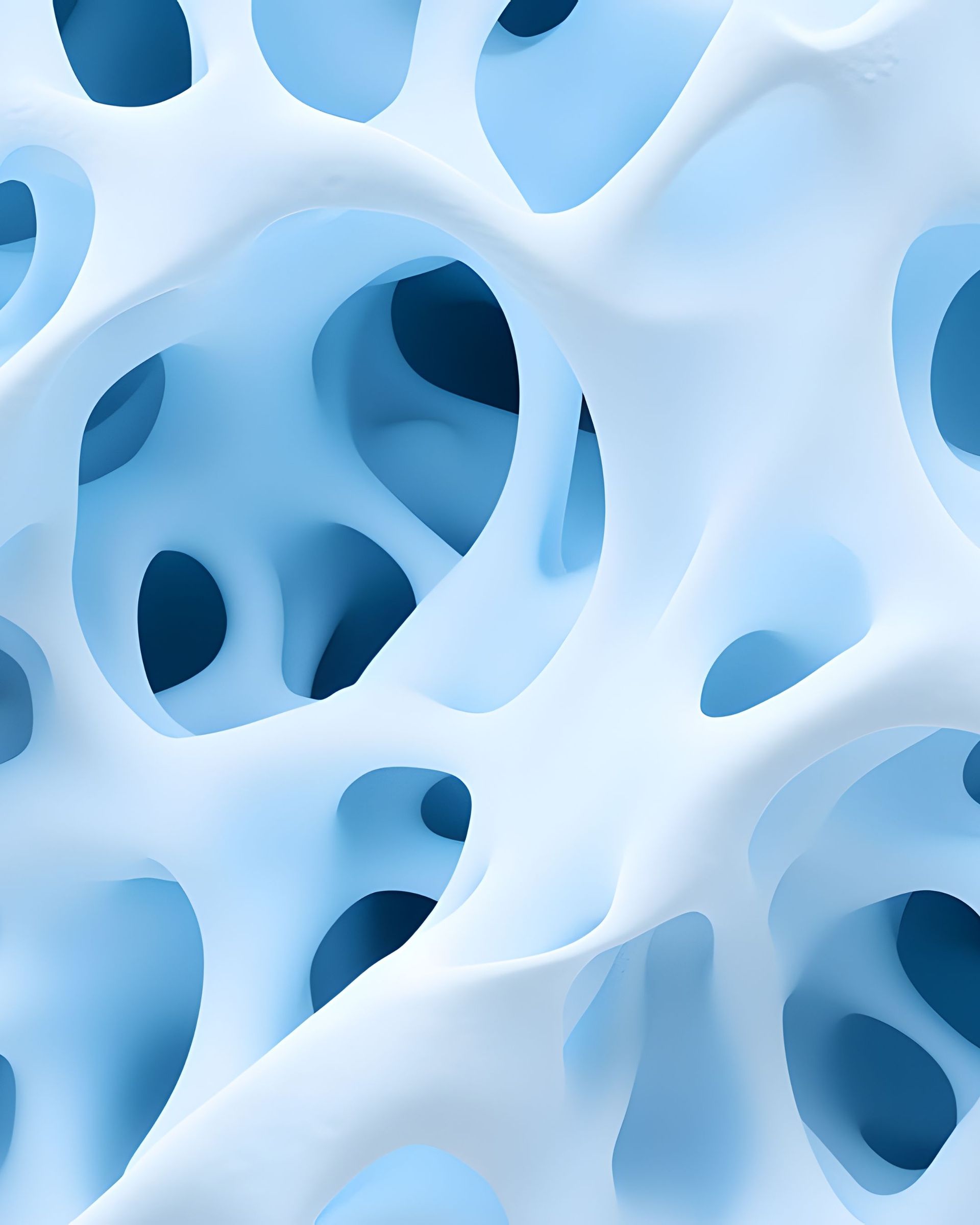 Abstract illustration of interconnected, porous structure in shades of light blue and white.