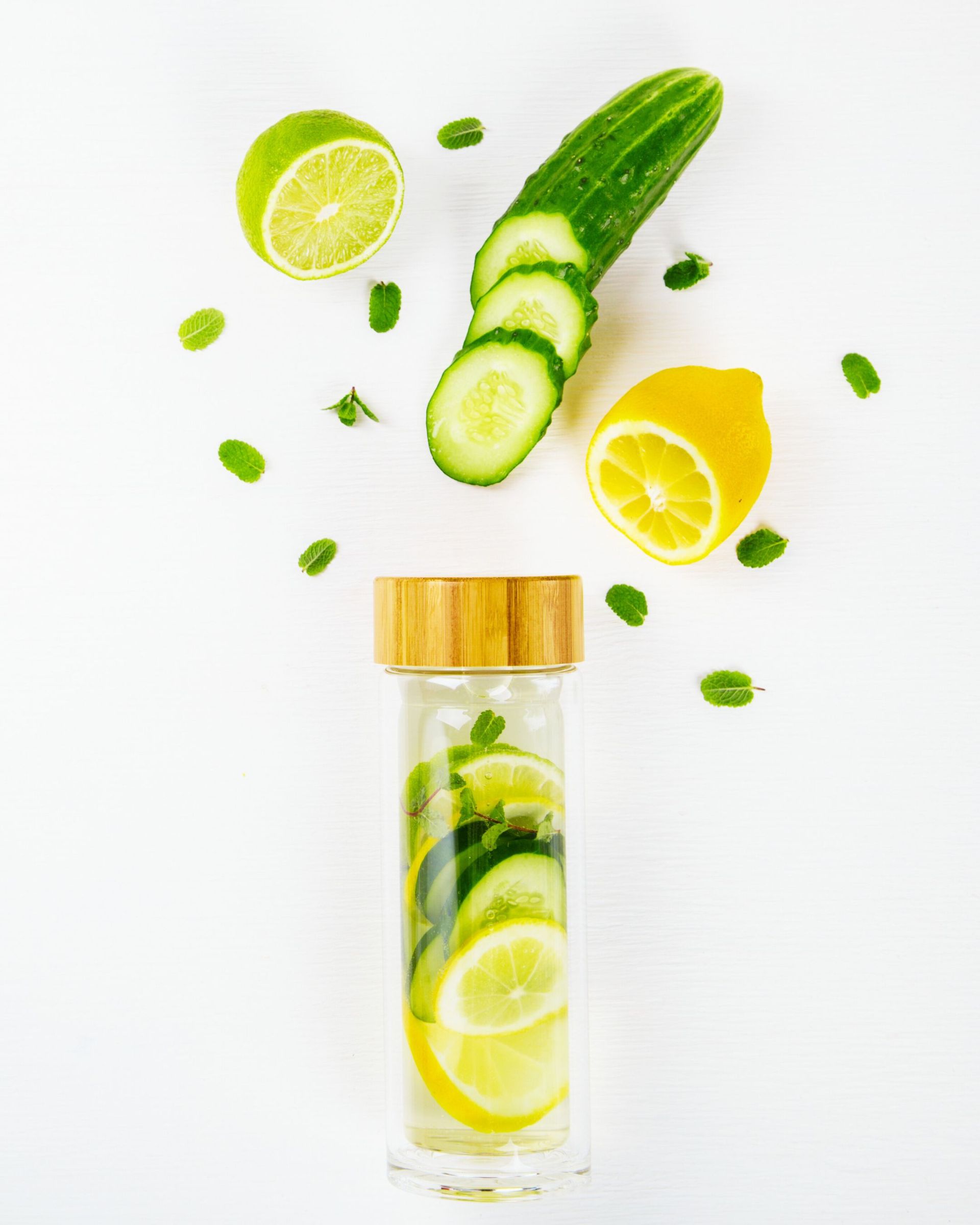 Infused water bottle with lemon, lime, cucumber slices, and mint leaves on white surface.