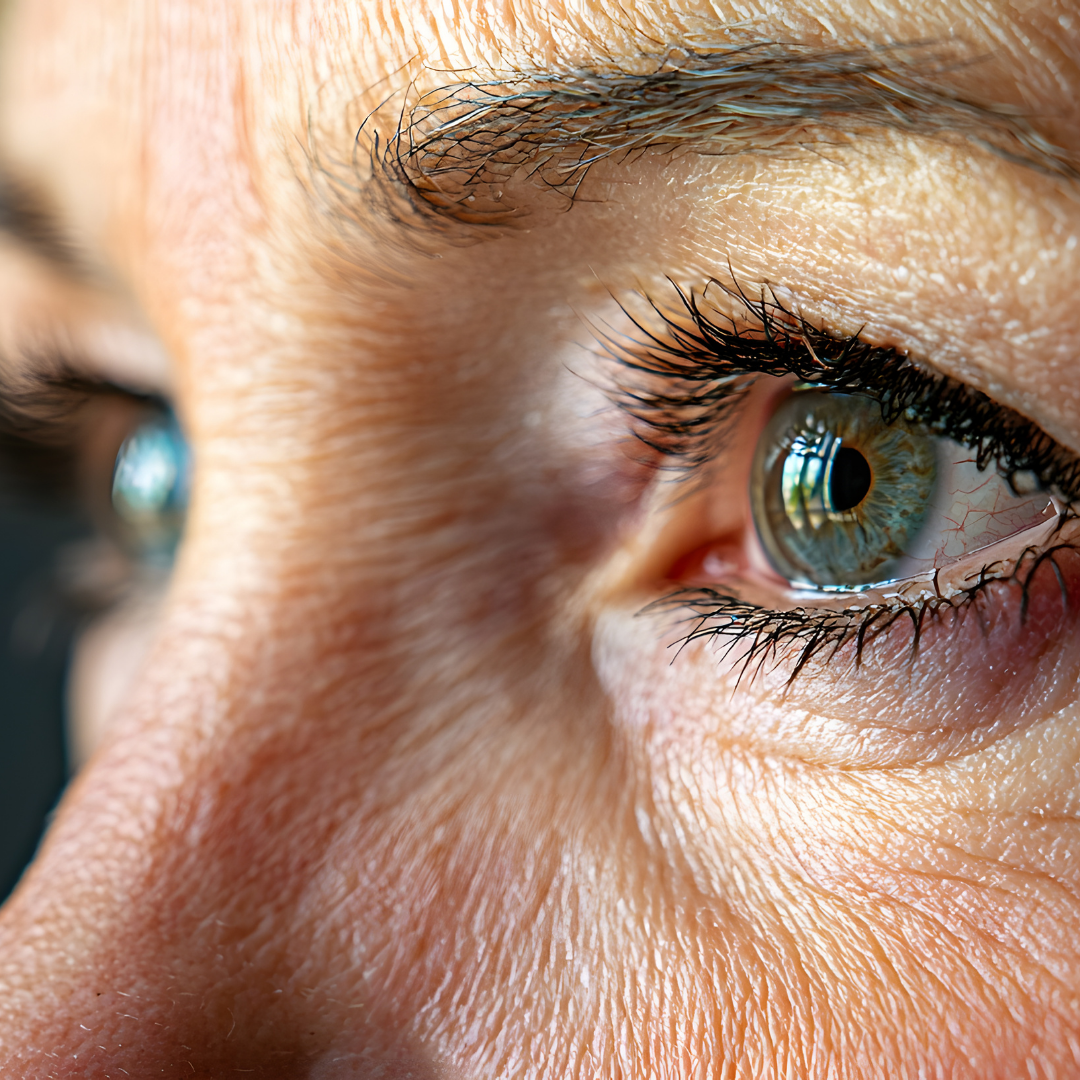 Close-up of a person's eye, light green iris, visible wrinkles around the eye.
