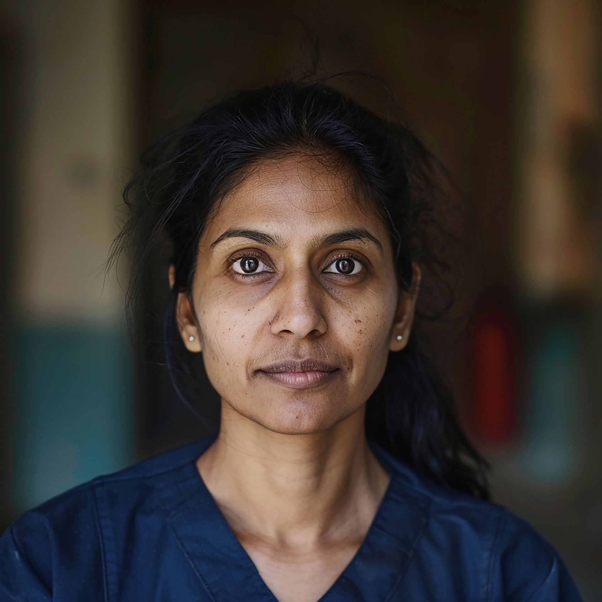 Woman in blue scrubs, looking directly at the viewer with a serious expression, indoor setting.