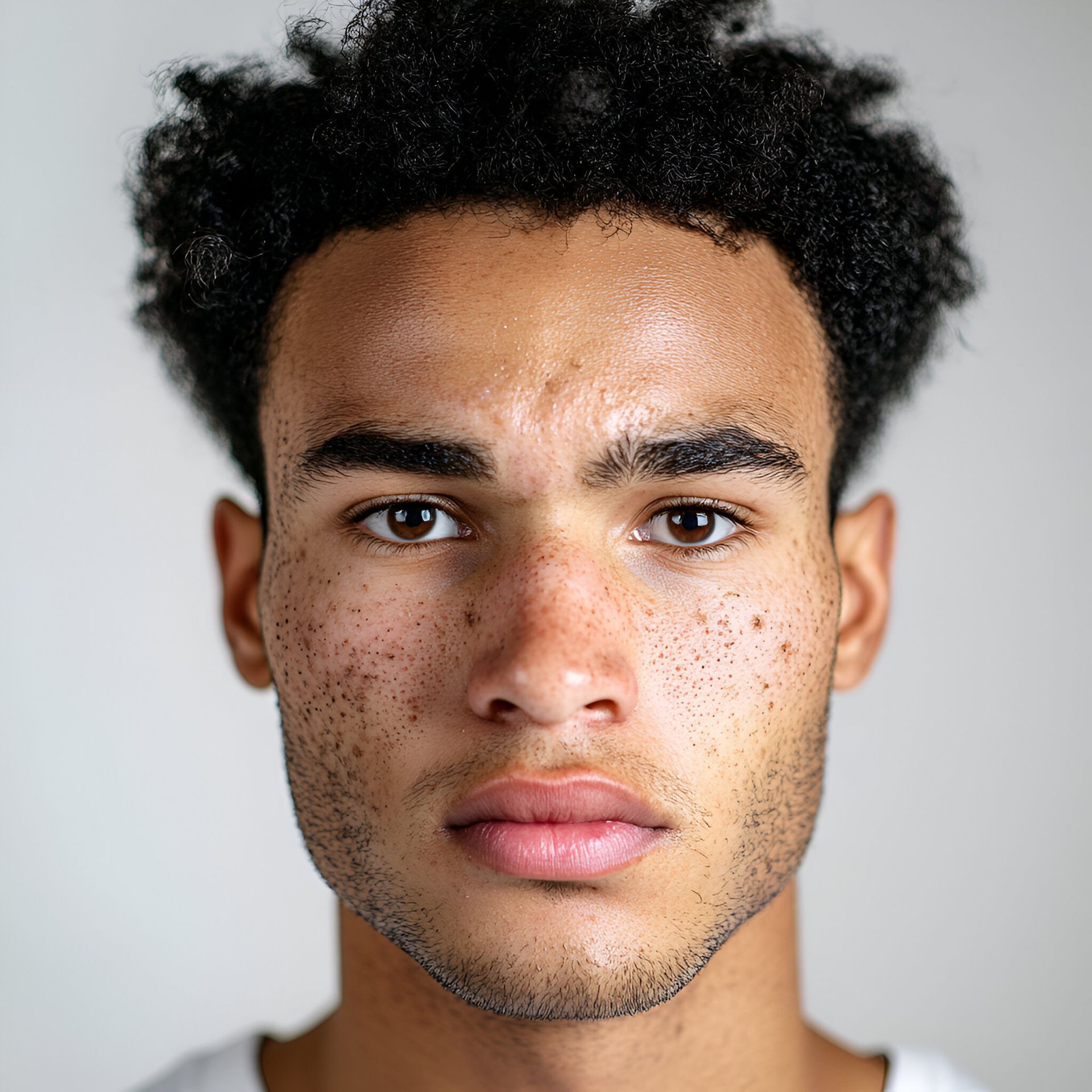 Close-up of a person with dark curly hair and freckled skin, looking directly at the camera.