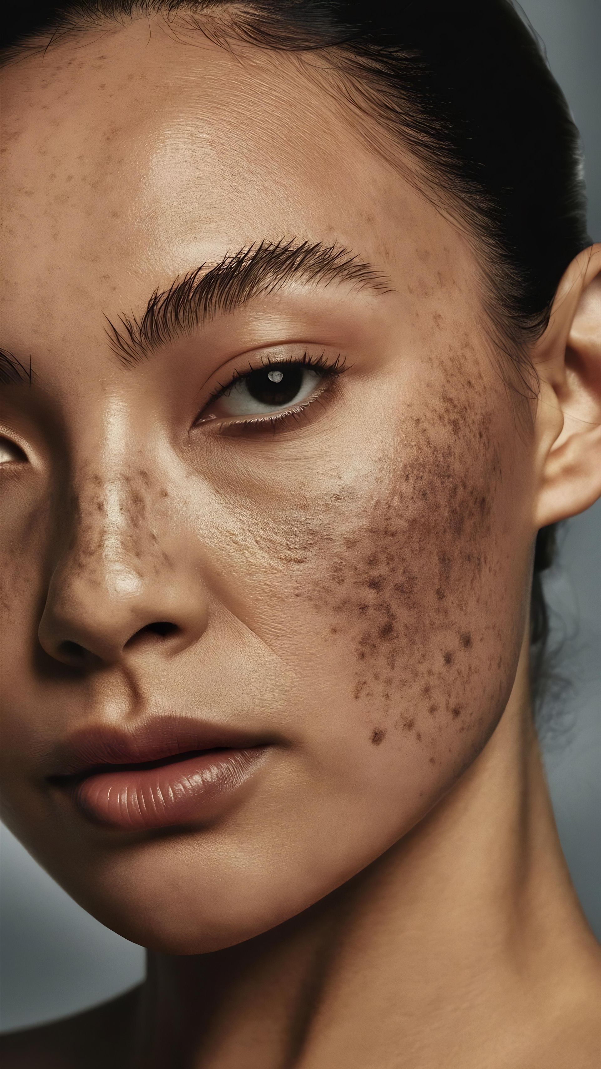 Close-up of a person's face with numerous freckles, looking directly at the viewer with a neutral expression.