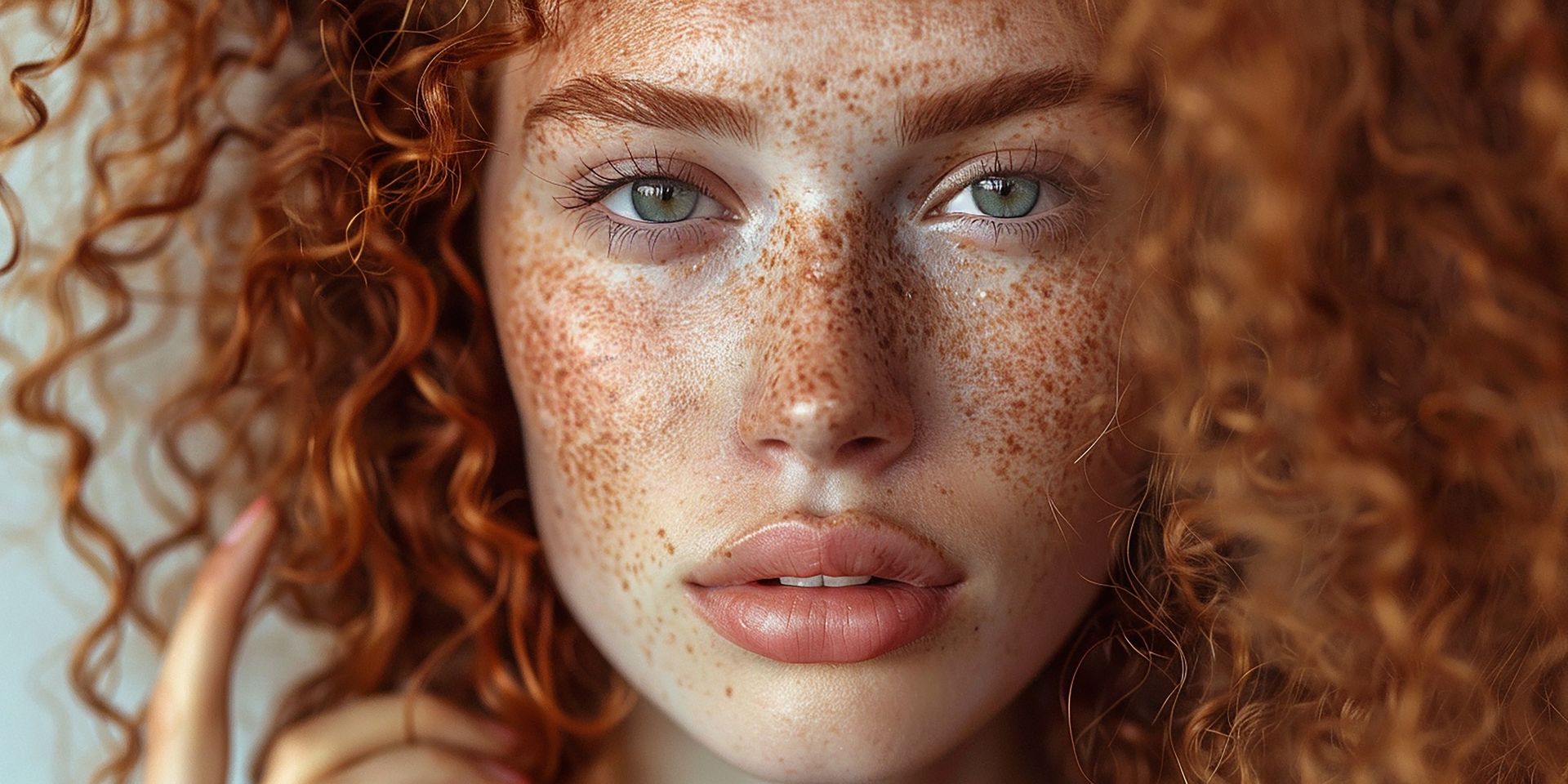 Close-up of a person with red curly hair and freckled skin, looking directly at the viewer.