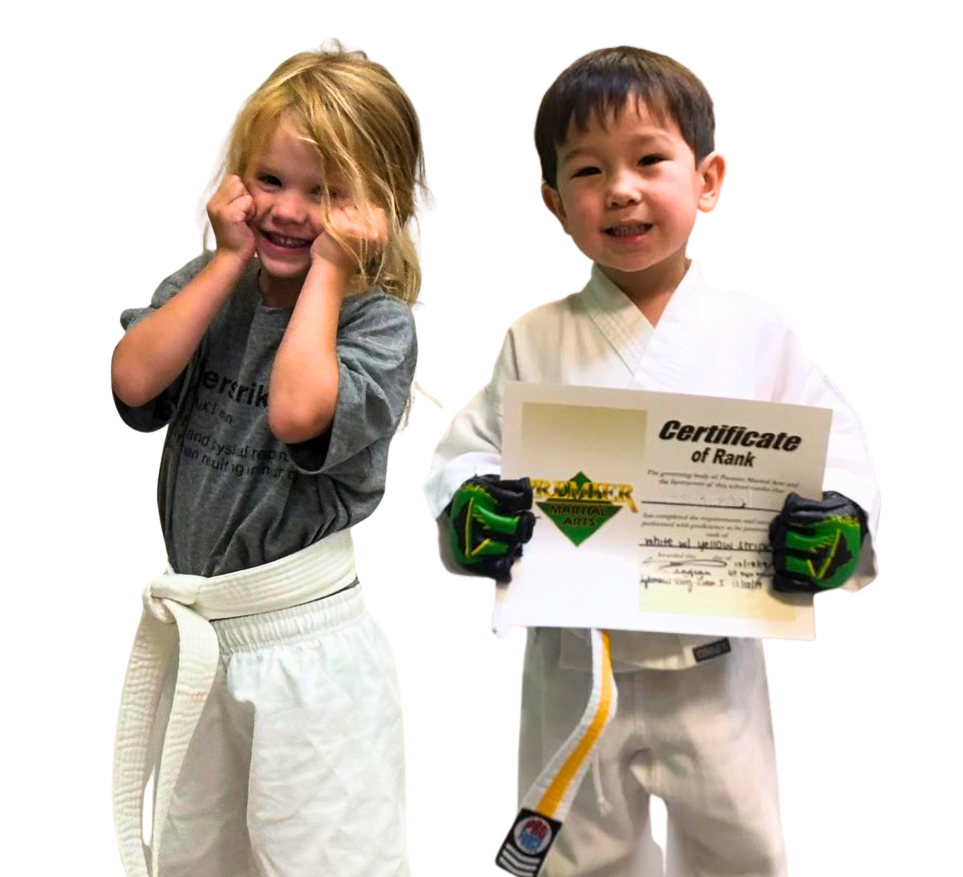 A boy and a girl are practicing karate together.