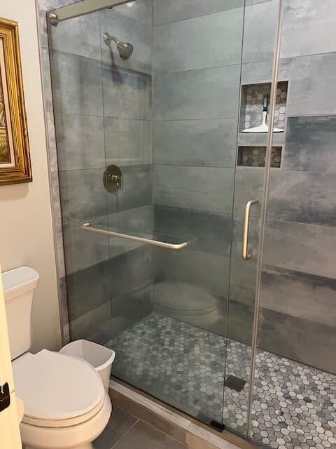 A bathroom with a toilet and a shower with a glass door.
