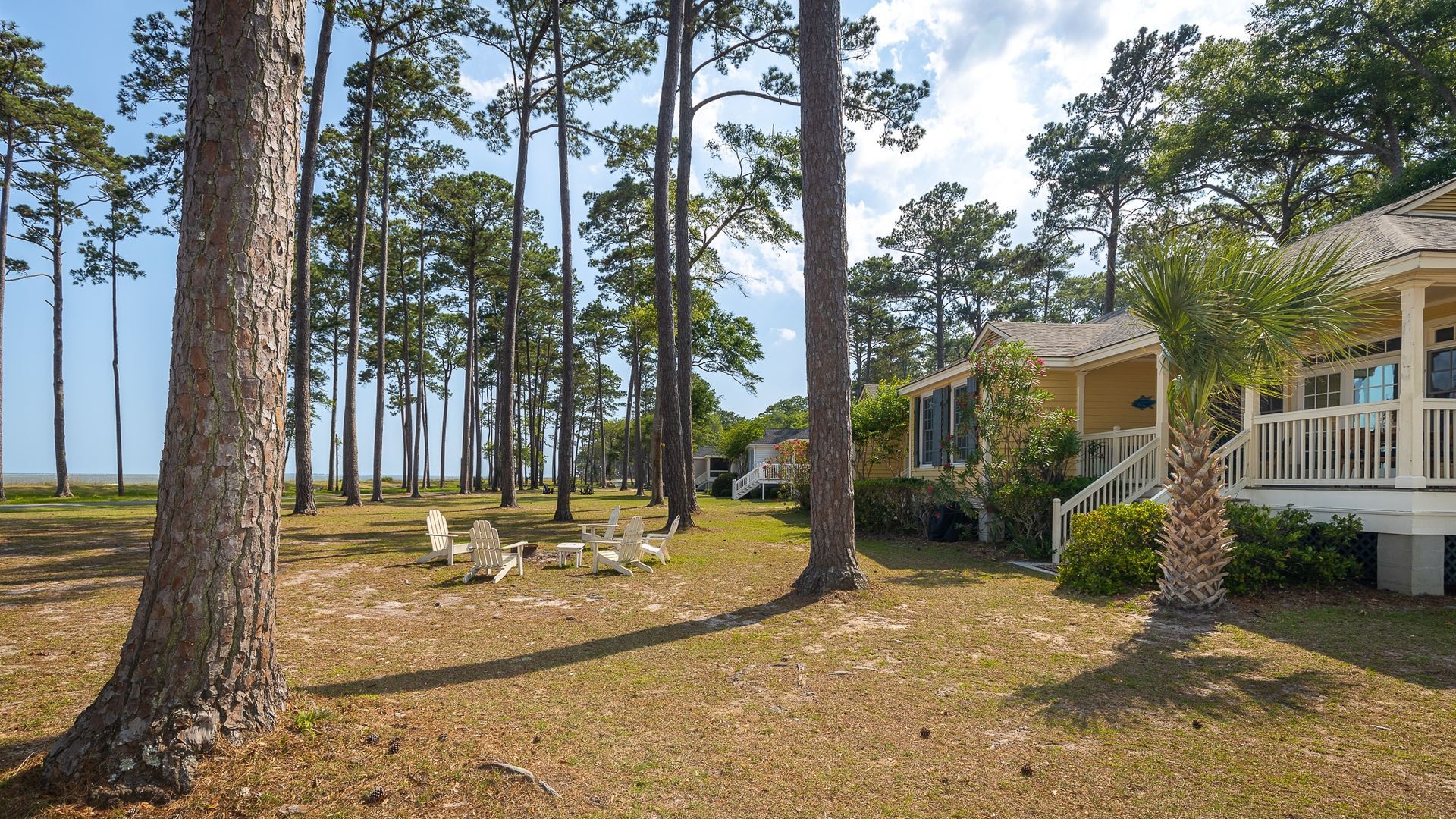 A row of houses are surrounded by trees and grass.