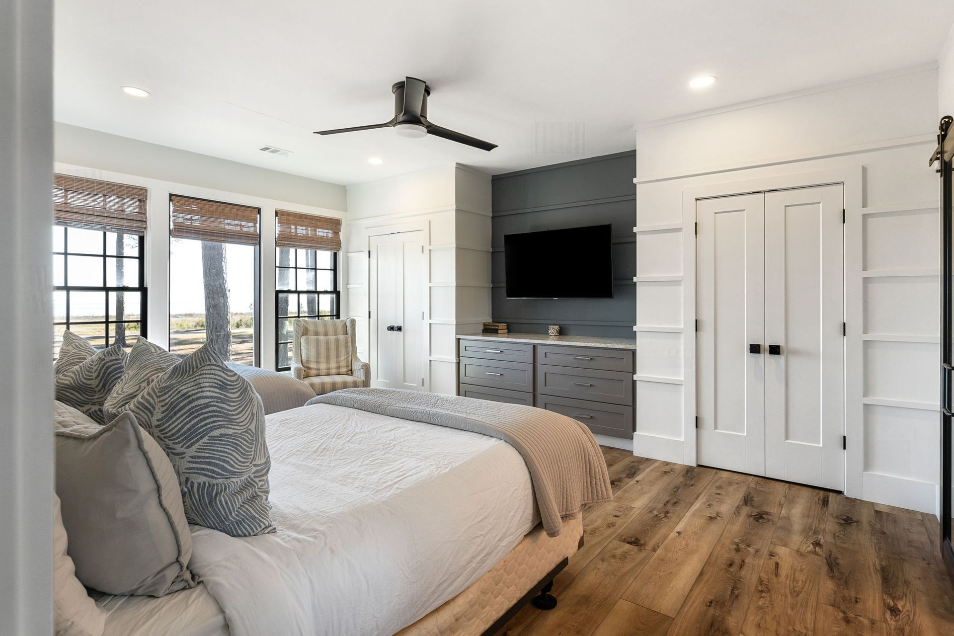 There is a large bed in the middle of the room.