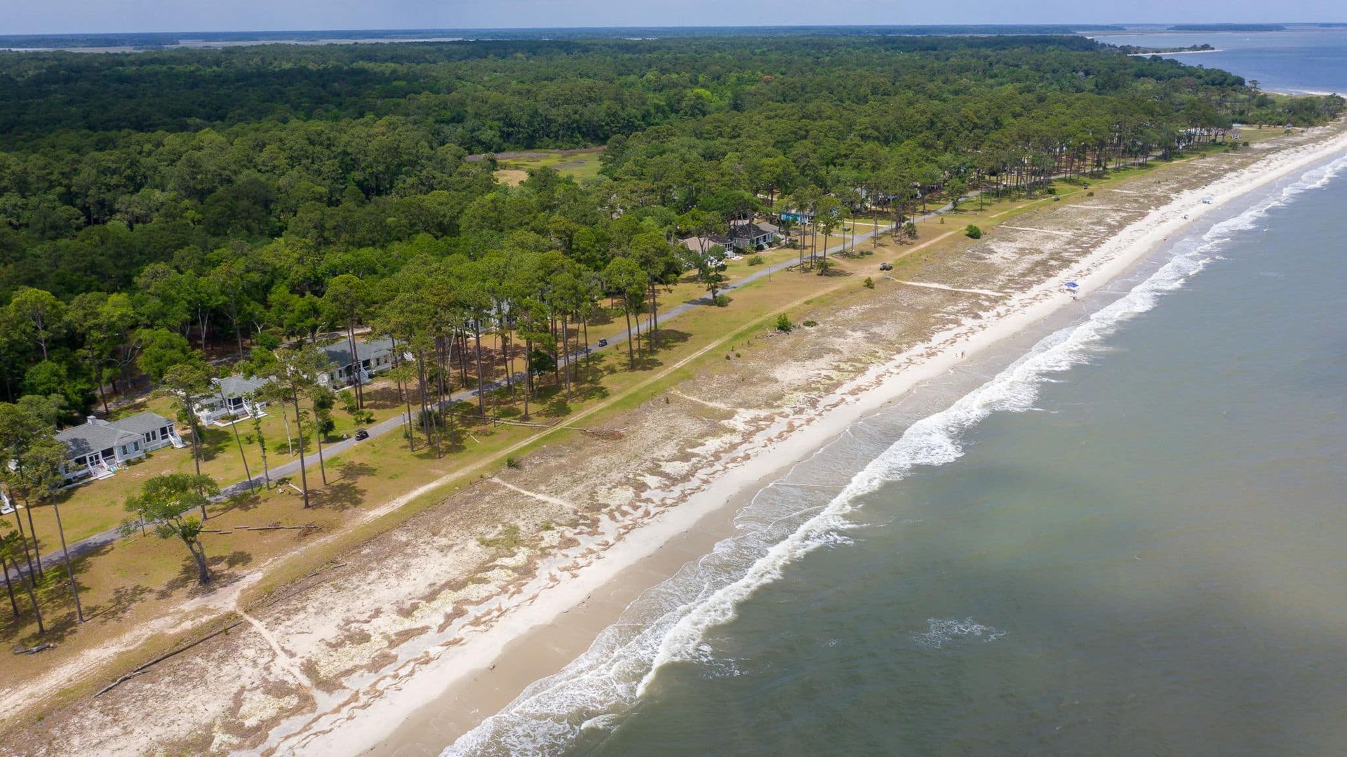 An aerial view of a beach with waves coming in and a forest in the background.