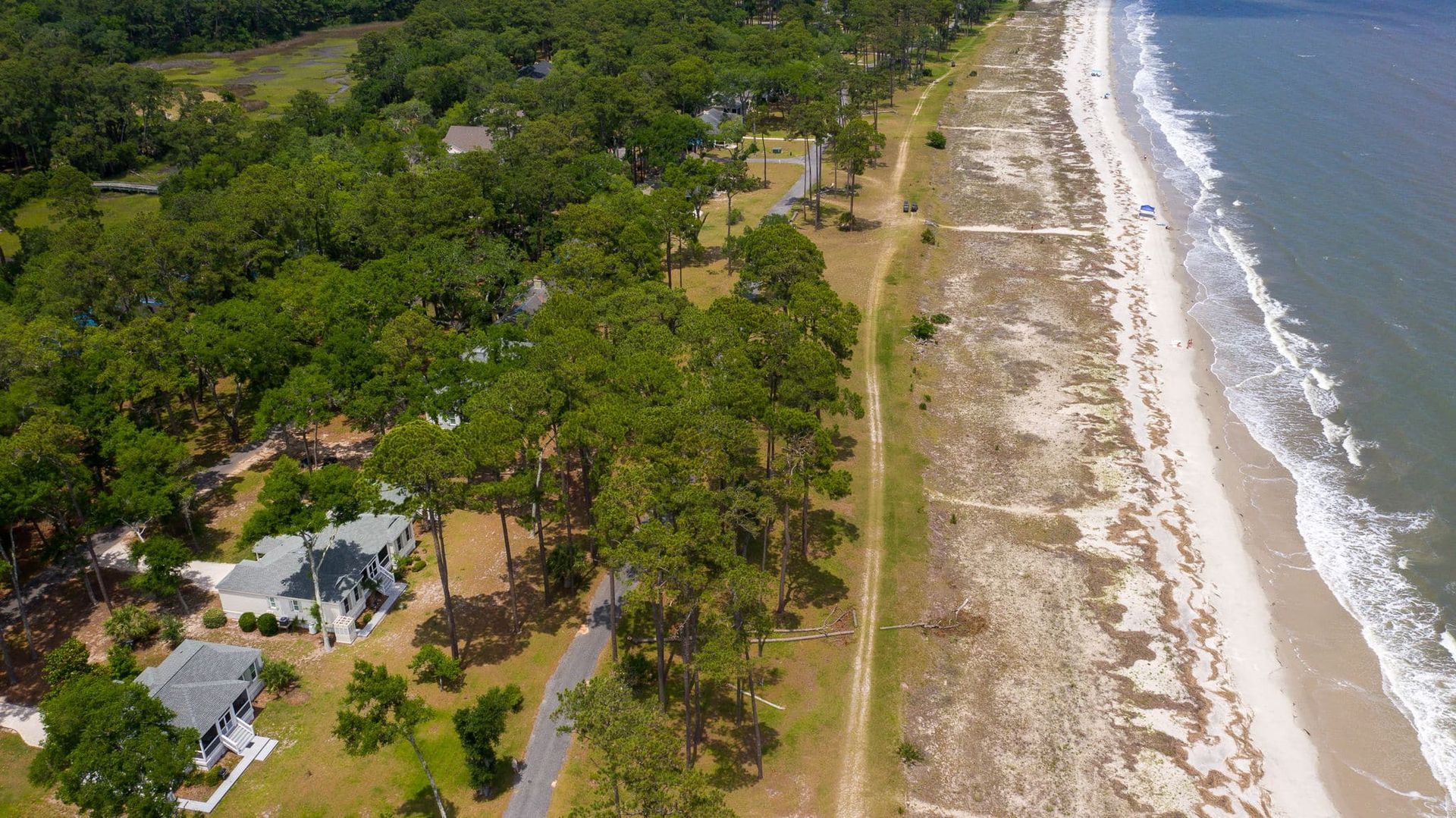 An aerial view of a beach surrounded by trees and houses.