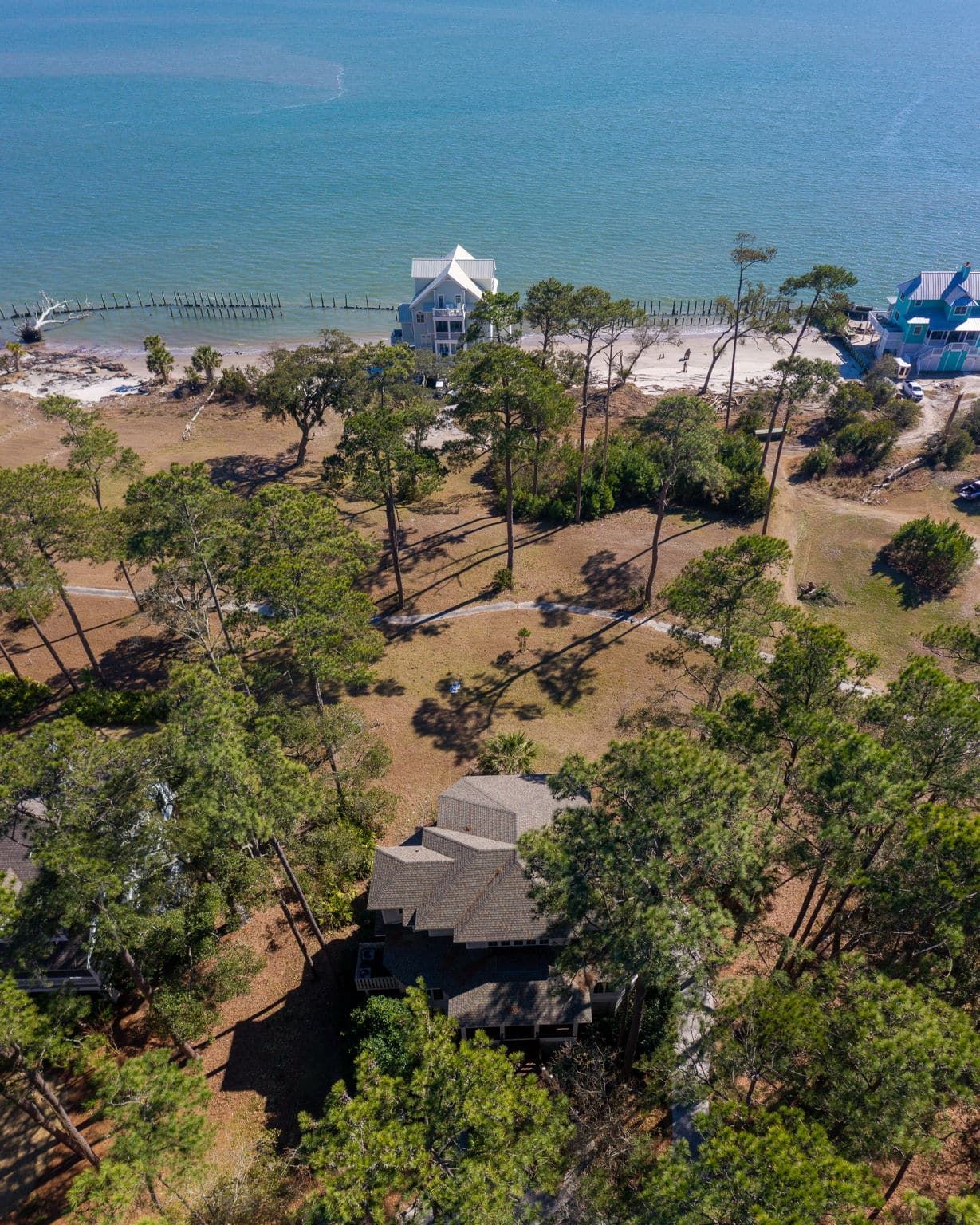 An aerial view of a house surrounded by trees next to the ocean.