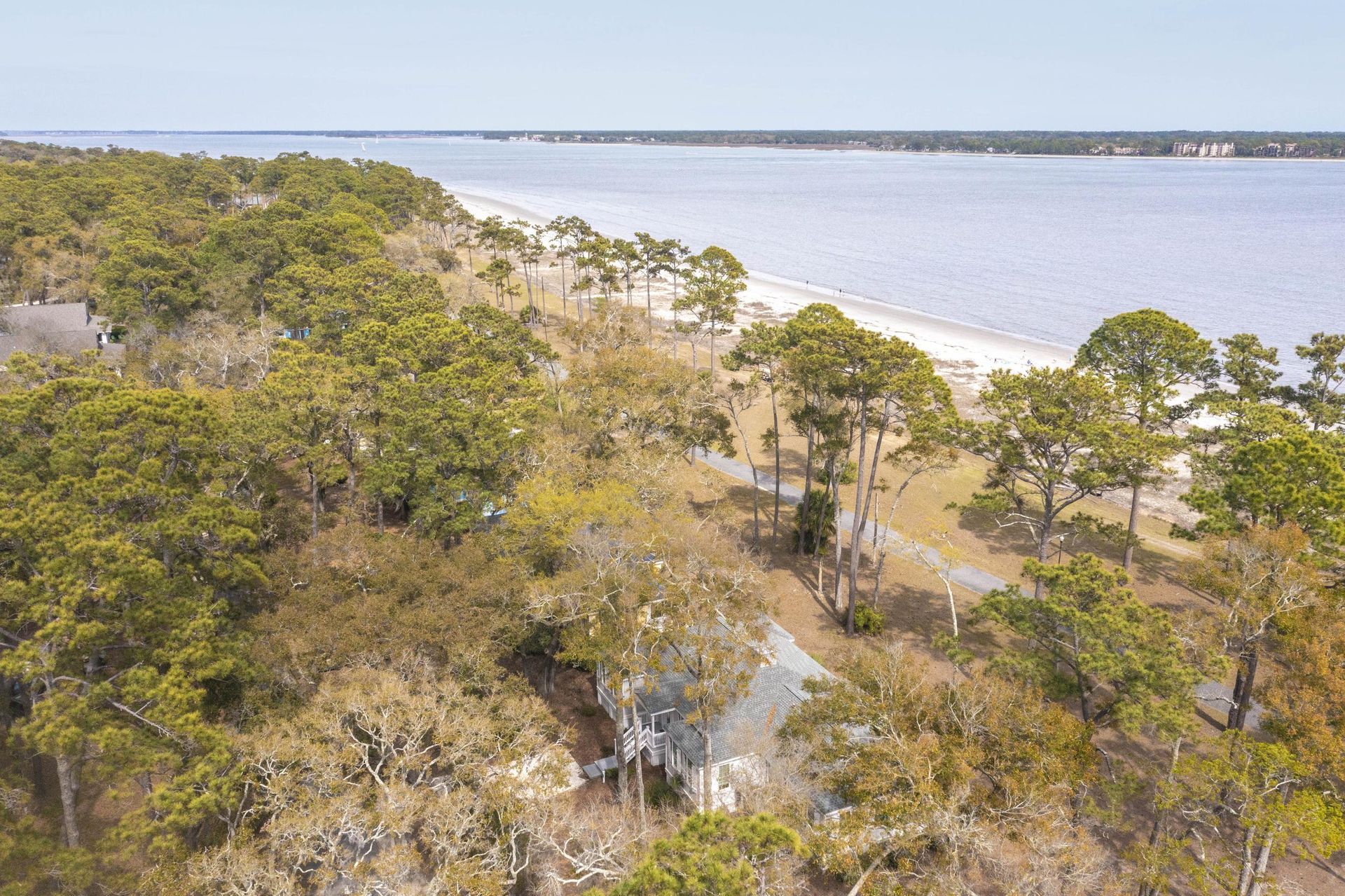 An aerial view of a beach surrounded by trees and a body of water.