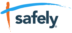 A blue and orange logo for safely with a white background