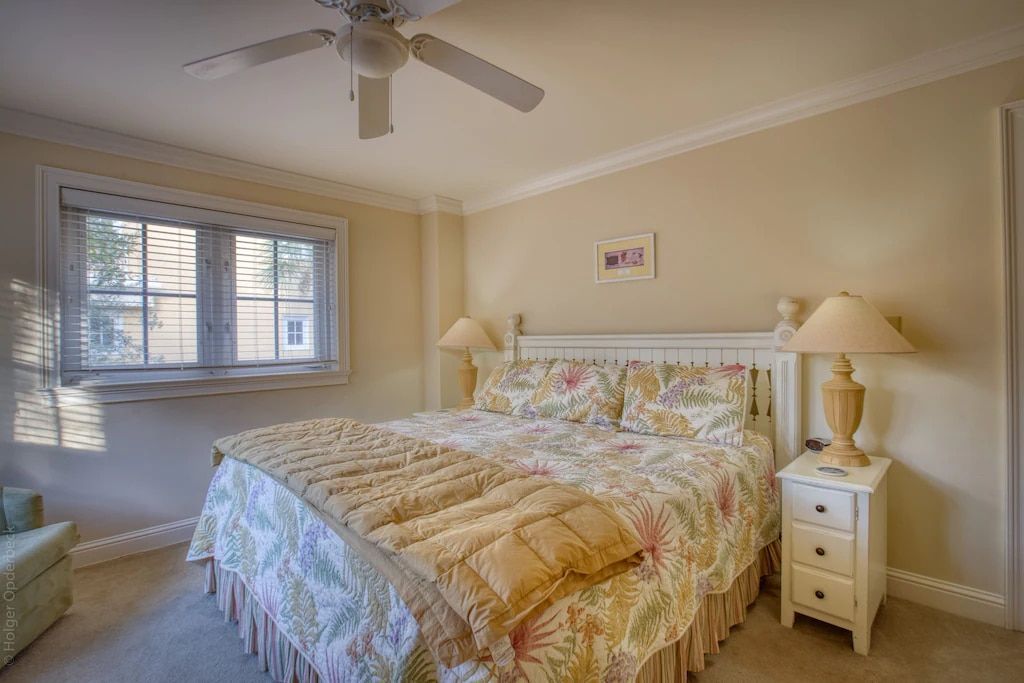 A bedroom with a king size bed and a ceiling fan.