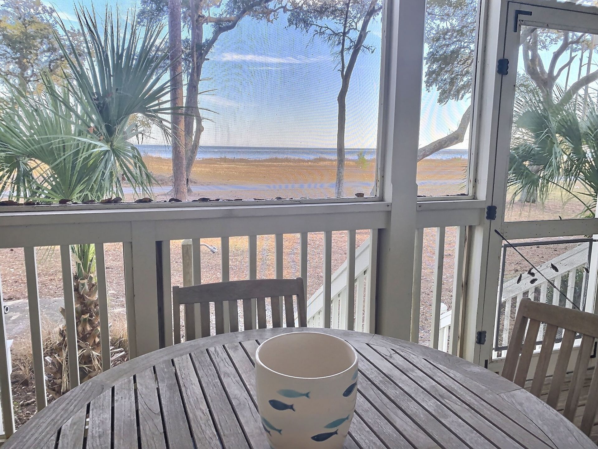 A cup of coffee is sitting on a wooden table on a screened in porch.