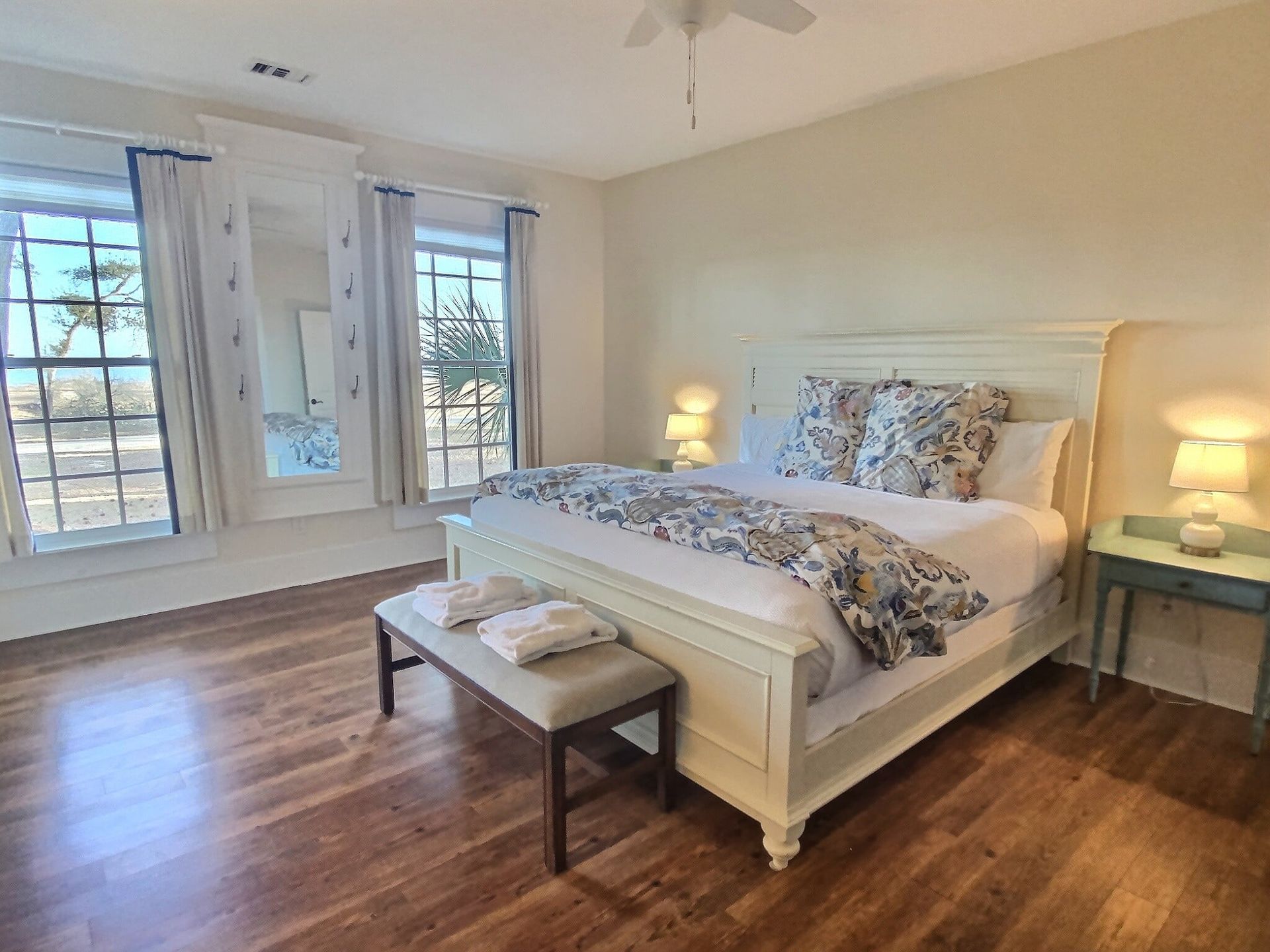 There is a king size bed in the middle of the room.