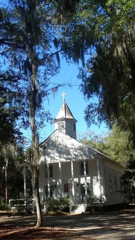 A small white church is surrounded by trees on a sunny day