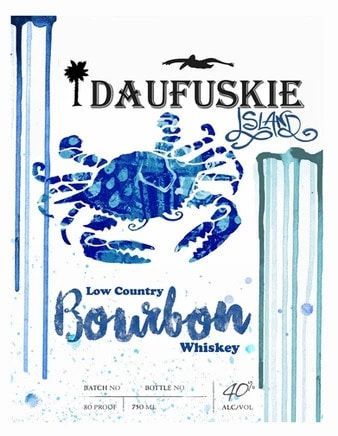 A blue crab is on the label of a bottle of bourbon whiskey.